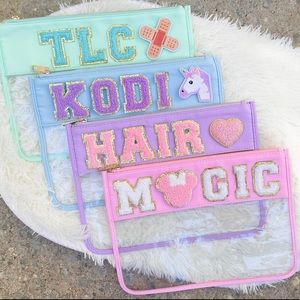 Custom pouch with patches, travel bag, pencil pouch, gifts for her, clear bag